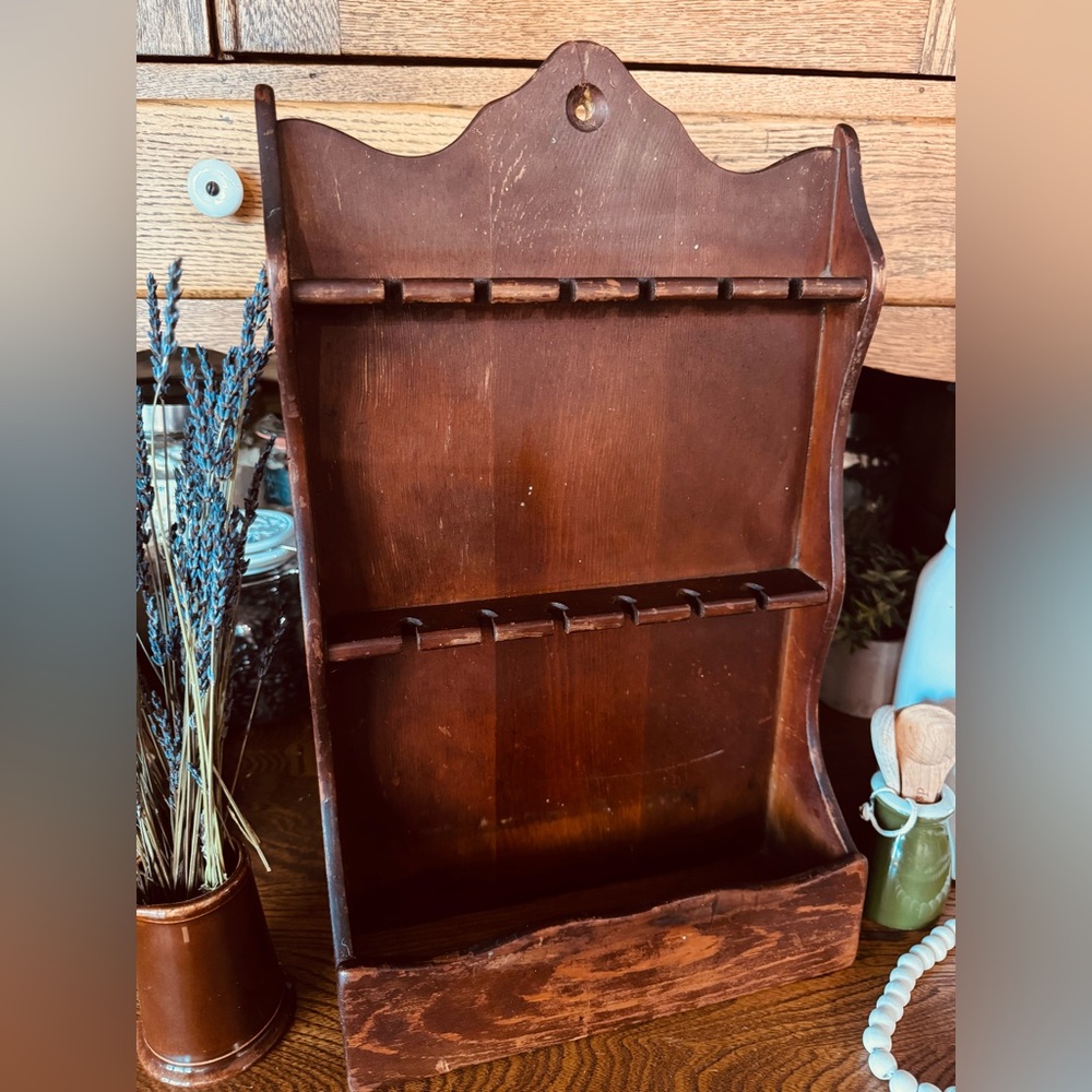 Primitive Vintage Antique Rustic Brown WoodeWall Shelf & organizer/spoon holder - Picture 2 of 10